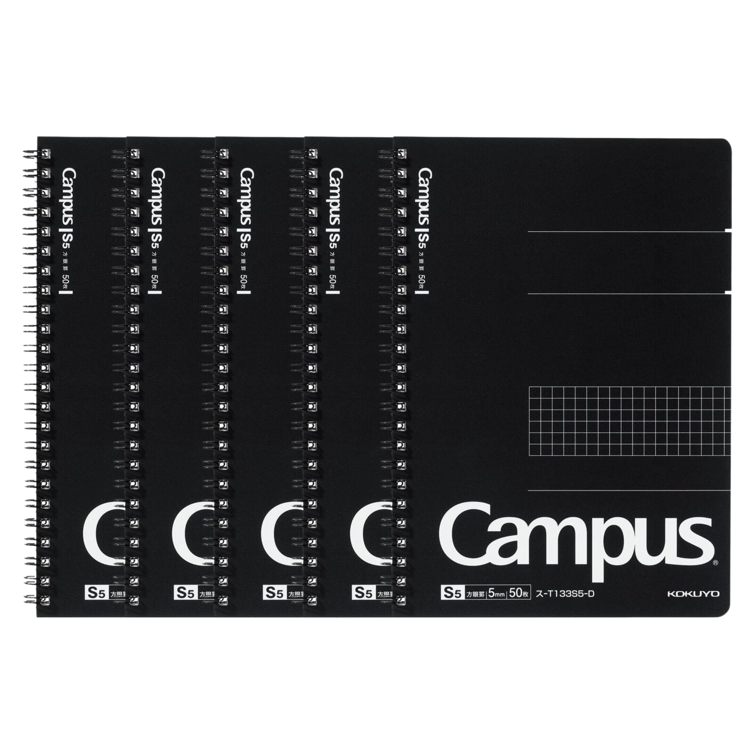 Campus Twin Ring Notebook A5 (Square Cut-off Ruled 5mm) Black - 50 Sheets - 5 pack